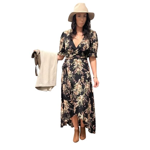 Coco + Carmen Dresses & Skirts - Coco + Carmen Boho Black Floral High-Low Wrap Maxi Dress (S/M) Cottagecore